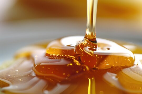 Golden honey pouring and creating a puddle, perfect for representing natural sweeteners and healthy food