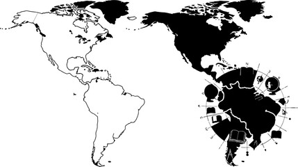 World map with highlighted regions and celestial navigation symbols on white background © Pixel Verses