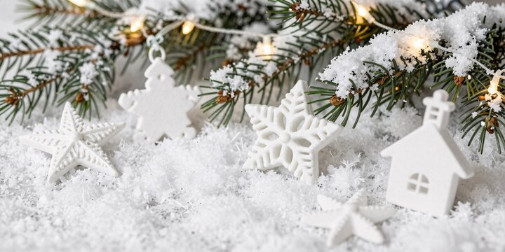 Festive winter scene with snowy fir branches and white christmas ornaments