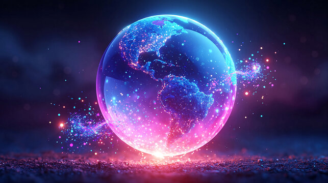 Glowing digital earth with global network data particles futuristic technology concept
