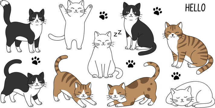 Cute Cartoon Cat Collection with Various Poses and Paw Prints Including Sleeping Playing and Sitting Kittens for Pet Design