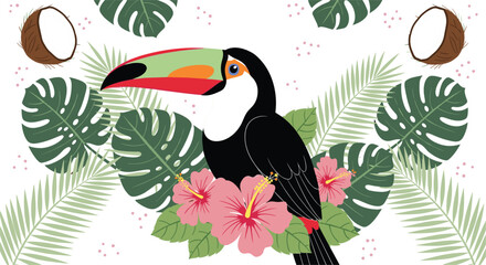 Naklejka premium Tropical Toucan Bird Surrounded by Hibiscus Flowers, Palm Leaves, and Coconuts for Exotic, Nature-Themed Designs