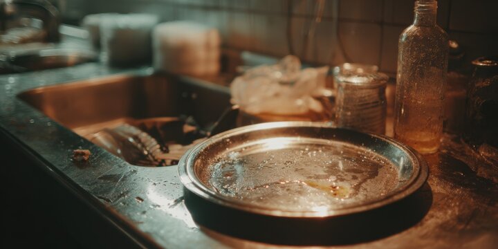 Dirty white dishes in restaurant kitchen after party with mess scene.