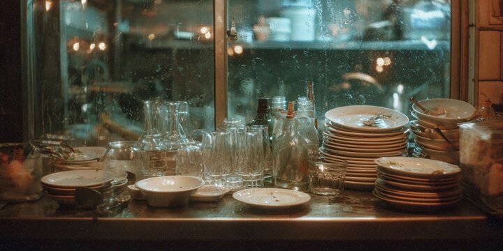Dirty white dishes in restaurant kitchen after party with mess scene.