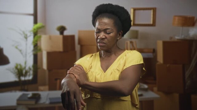 Black woman rubbing her forearm while wincing among stacked moving boxes in an apartment building; relocation pain.