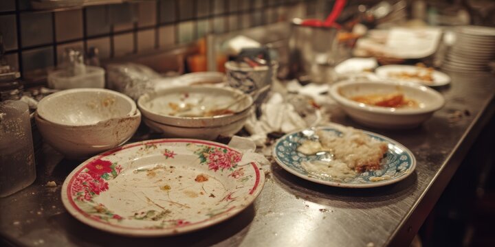 Dirty white dishes in restaurant kitchen after party with mess scene.