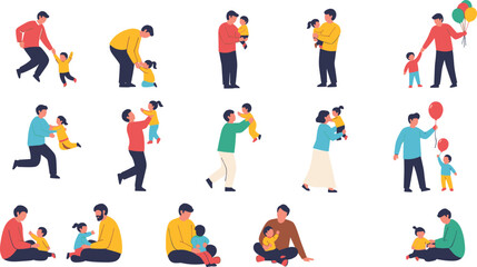Fototapeta premium Parents and children family activities collection with playful parenting moments in flat vector illustration set