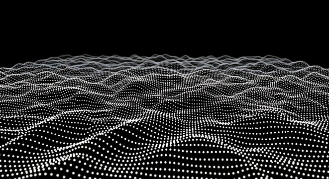 Ethereal 3D point cloud landscape, abstract, flowing, luminous, digital, dark