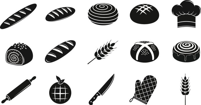 black and white icons of various bread types and baking tools on white background