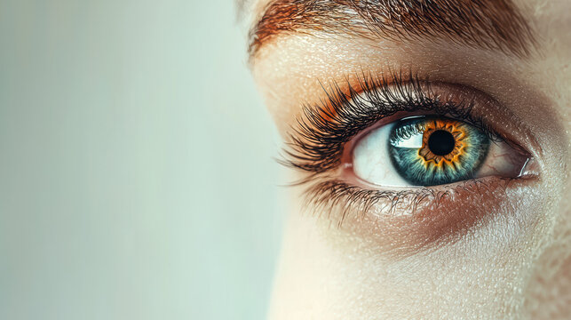 A close-up shot reveals the mesmerizing beauty of a female's vibrant eye with striking color variations and long lashes, showcasing intricate details and captivating gaze.