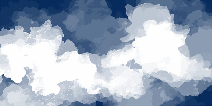 A serene watercolor depiction of cumulus clouds drifting across a deep blue sky, evoking a sense of tranquility and openness.