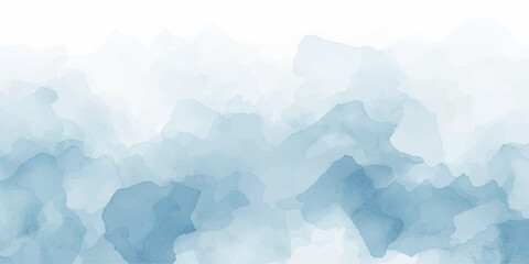 Misty blue winter landscape featuring an abstract mountain iceberg and high snow peaks under a soft sunrise sky with morning clouds and forest fog © AeroVista