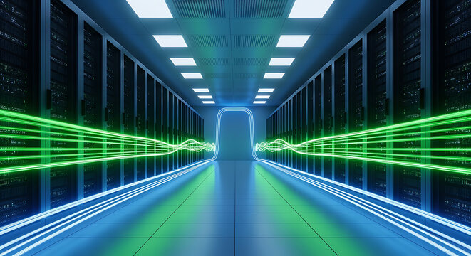 wide angle view inside a server room with glowing green data streams