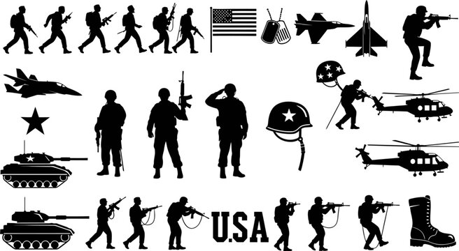 American military symbols and soldiers silhouettes with weapons and vehicles  USA army icons