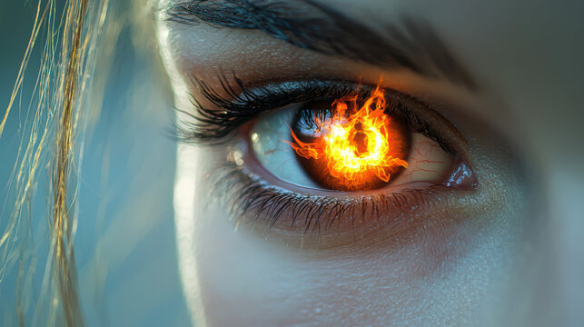 A close up of a human eye with a digitally added fiery effect to the iris creating a dramatic and surreal visual with bright colors and intense focus.