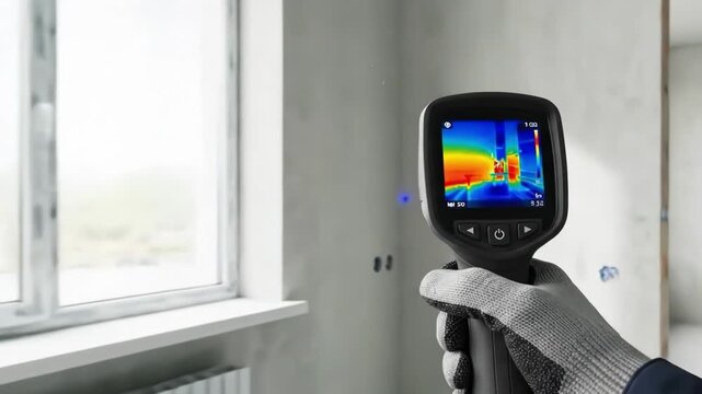 Hand holding thermal imaging camera in an empty room
