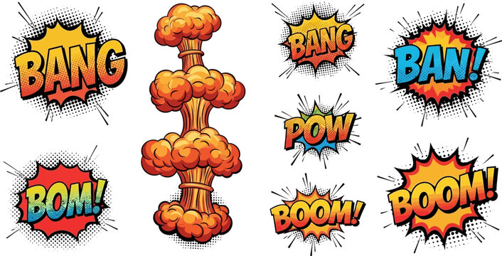 comic book explosion sound effects in pop art style on white background