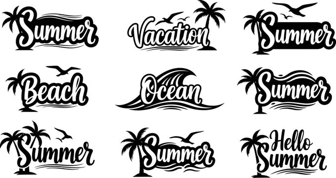 Summer vacation beach ocean hello signs with palm trees and waves  a collection of nine black and white graphics