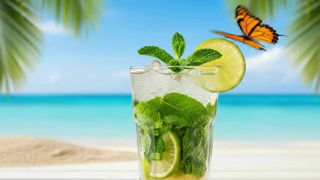 Refreshing mojito cocktail on a tropical beach