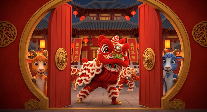 Festive Chinese New Year celebration with lion dance and cartoon goats peeking through traditional red gates