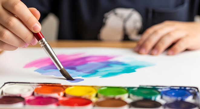 Kids hand painting with watercolors vibrant colors and artistic expression