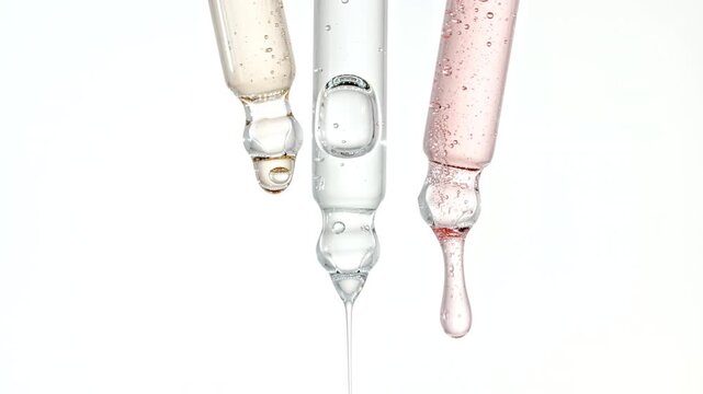 Drops of Essential Oil, Cosmetic Serum Fluid Gel With Bubbles Dripping From a Glass Pipette. Dermatology science laboratory. Macro Shot of Organic Skin or Body Care Products. High quality 