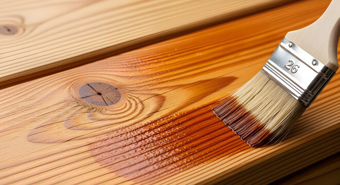 Wood staining process with paintbrush and protective coating on timber deck