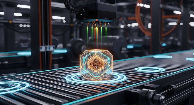 industrial robotic arm creating a geometric shape with glowing lines in a factory