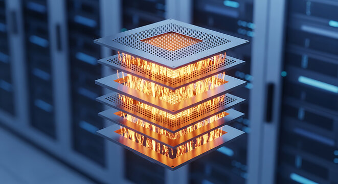stacked computer processor architecture with glowing orange circuitry and server racks high quality