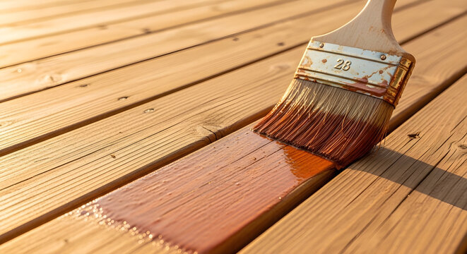 Applying wood stain to a deck board with a paintbrush outdoor home improvement project