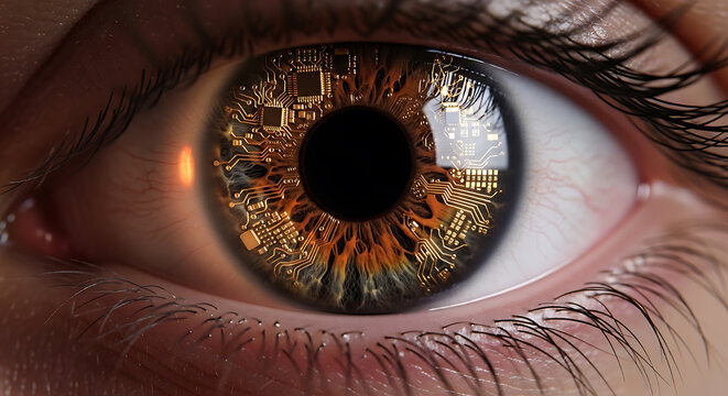 human eye with intricate circuit board reflection close up photographic portrait high quality