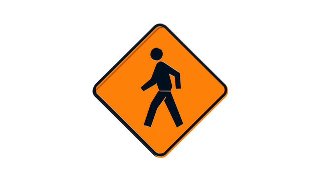 Orange Diamond Pedestrian Crossing Warning Sign with Black Silhouette