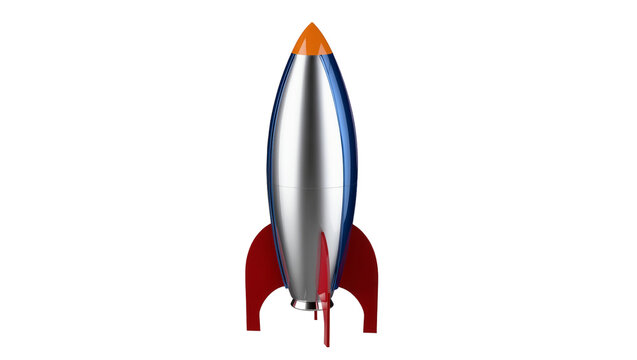 Silver rocket ship with blue and red accents and orange cone tip