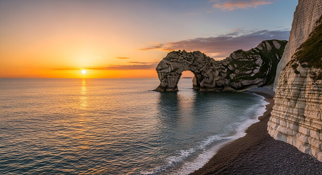 Durdle Door natural arch sunset over the Jurassic Coast with ocean and white cliffs