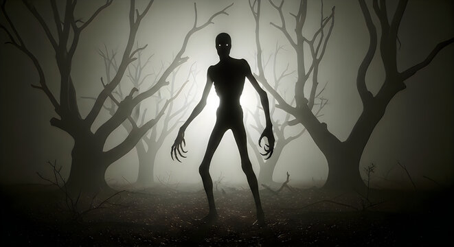 Eerie silhouette a tall dark figure in a misty barren forest landscape