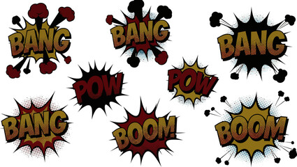 comic book explosion speech bubbles with bang pow boom text on white background © Pixel Verses