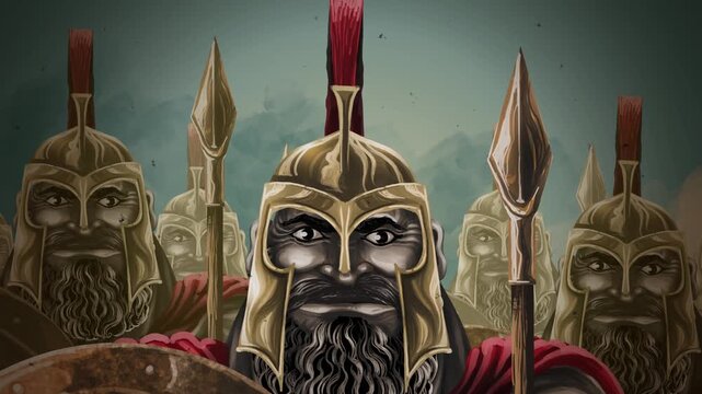 spartan warriors marching in formation with bronze spears and shields