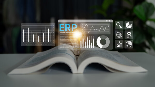 An open book with a glowing lightbulb symbolizes the fusion of knowledge and technology, illustrating ERP innovation and data-driven insights in business management. Ledger