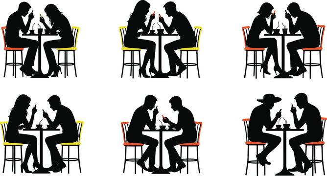 Couples Enjoying Ice Cream or Dessert at Colorful Cafe Tables in a Casual, Relaxed Dining Setting