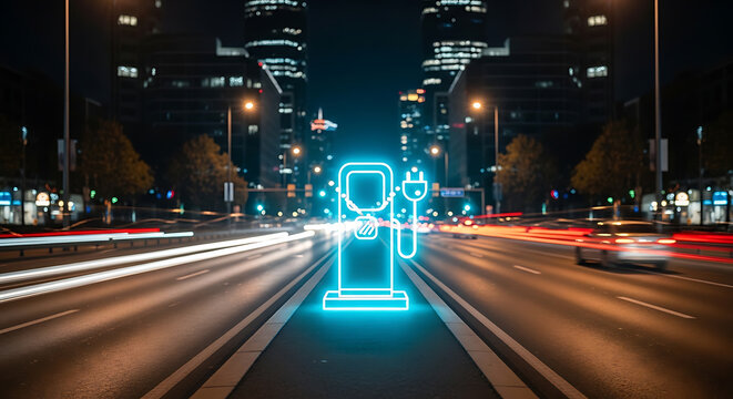 electric vehicle charging station on a blurred city boulevard at night high quality