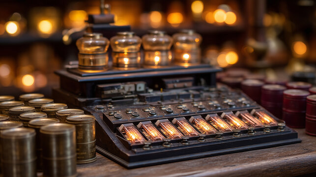A watchmaker's bench seen from a child's perspective looking up at rows of mainspring barrels and pill-box containers, warm amber lamplight spilling over an open watch case above,