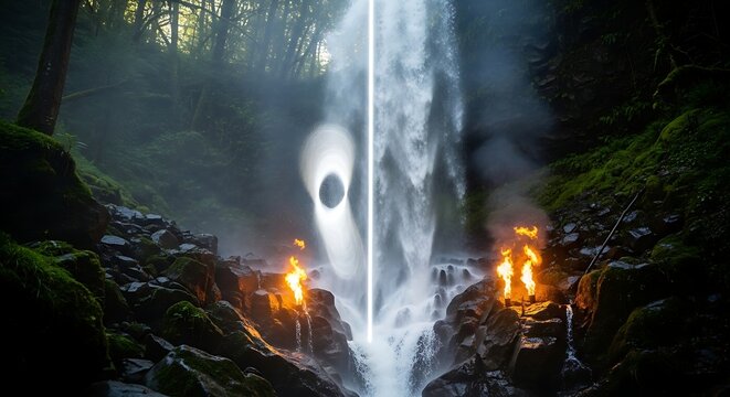 Ethereal waterfall with neon pillar, surreal orb, and fiery torches in lush forest