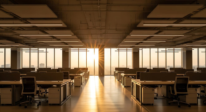 empty modern office with rows of desks and large windows at sunset