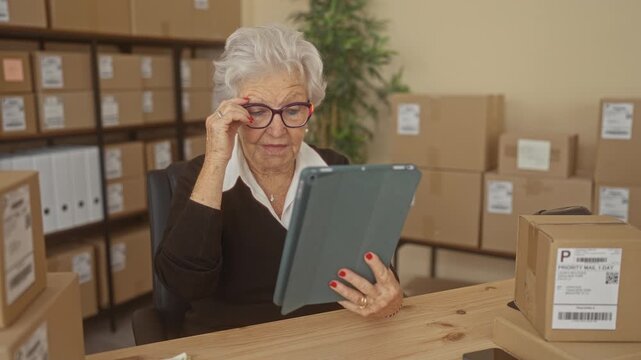 Woman adjusts glasses while holding tablet amid cardboard boxes in a building; determination and care.