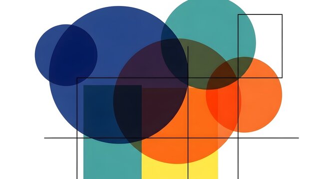 Abstract composition of overlapping colorful ellipses with vertical and horizontal lines