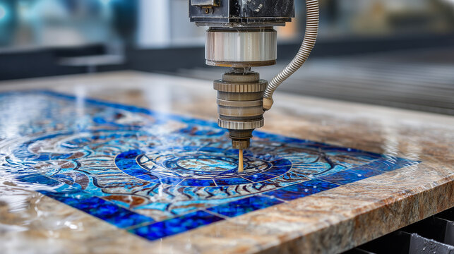 CNC waterjet cutter slicing a mosaic pattern from polished marble slab, water and stone dust spraying sideways, precision nozzle tracking a curved path, operator watching a CAD scr