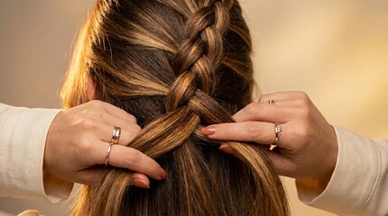 Fototapeta premium Close-up of hands braiding long, highlighted brown hair with warm lighting