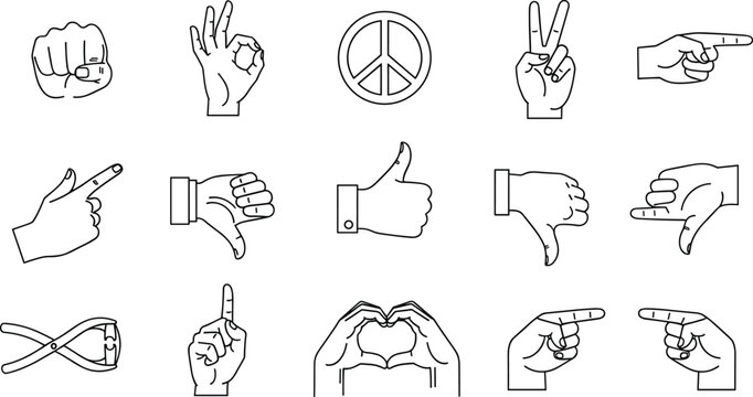 Hand Gesture Icon Set with Line Art Style Including Thumbs Up Peace Sign Heart and Finger Pointing Symbols