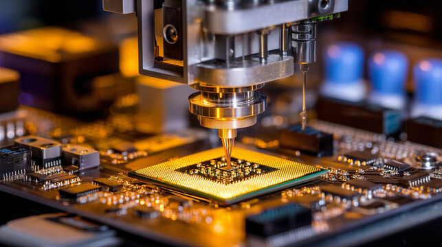Precision semiconductor wire bonding machine extending gold wire between a die pad and package lead frame, extreme close up, microscopic detail of the bond forming, yellow fab ligh