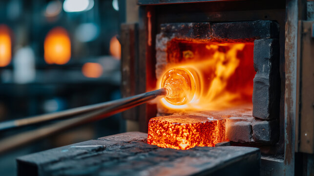 A glass furnace glory hole door swung open at a hot shop, interior glowing brilliant white-orange, a glassblower inserting a punty rod to retrieve a form, industrial setting heat d